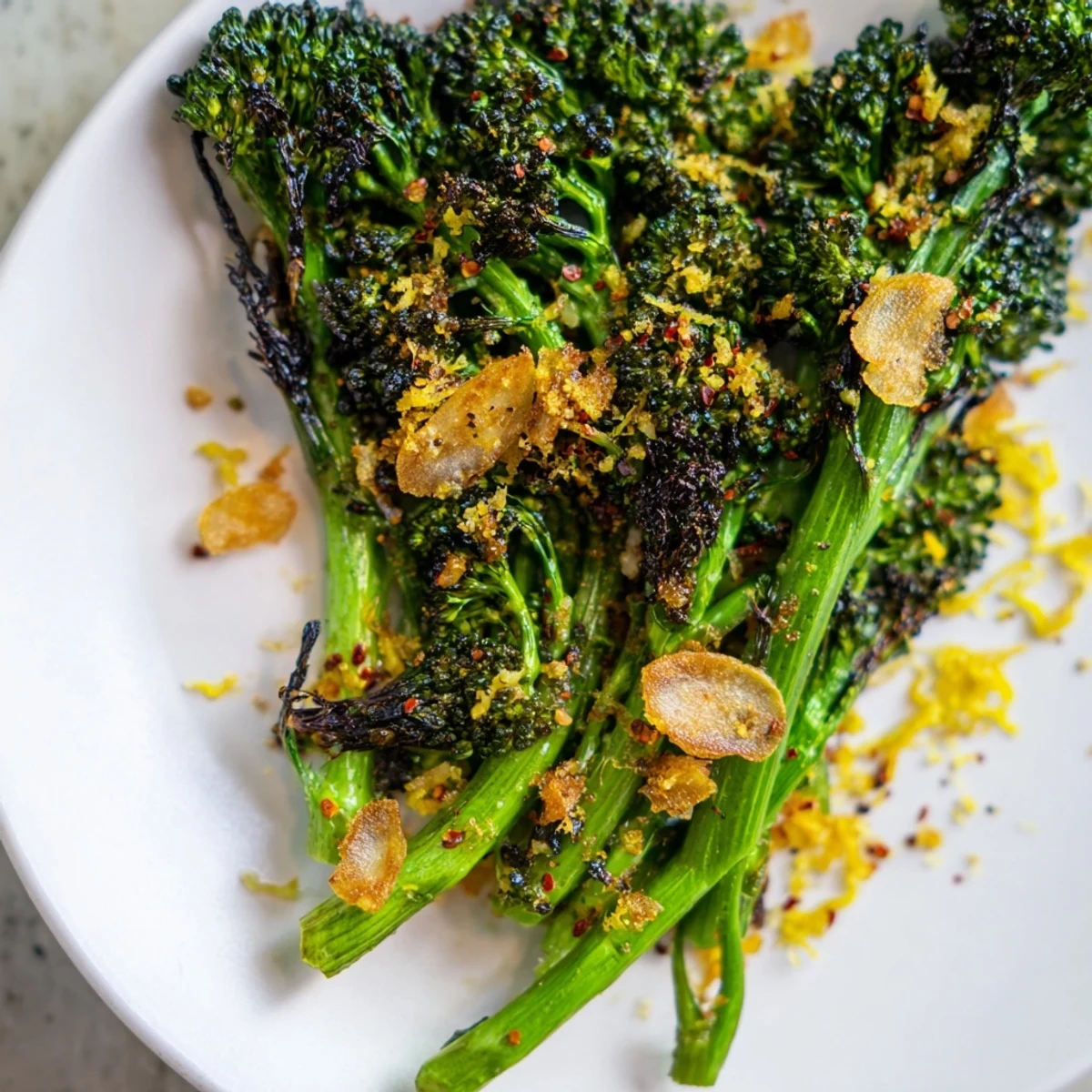 A vibrant bowl of charred broccolini salad, served with toasted pine nuts and lemon wedges, ready to eat.