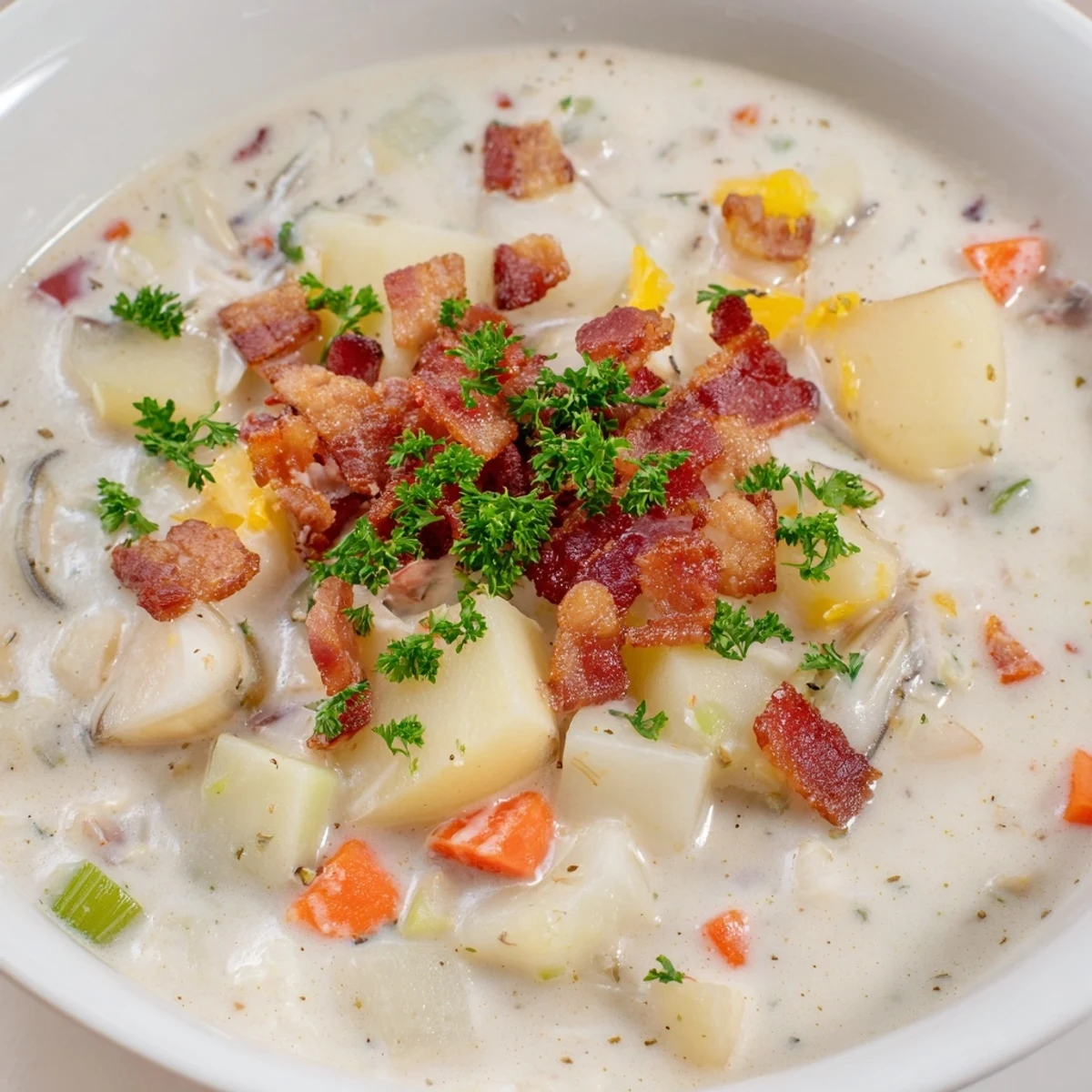 Creamy New England Clam Chowder steaming in a bowl, garnished with fresh parsley and crunchy crackers.