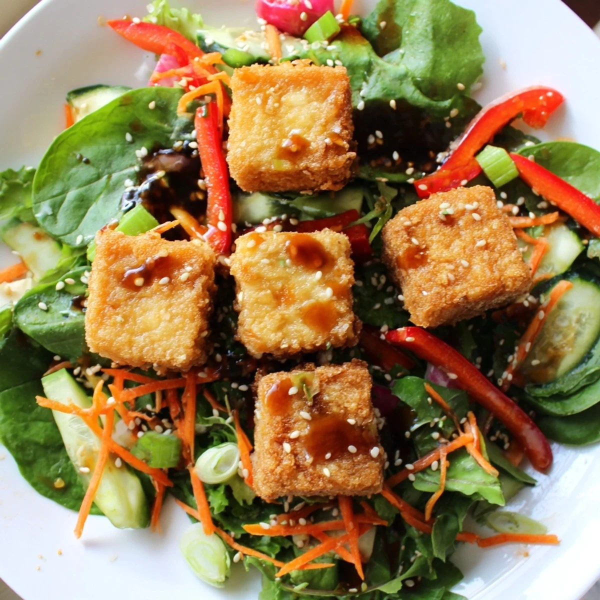 Fresh, colorful Crispy Tofu Salad with glistening tofu crumbles, ready to eat and enjoy.