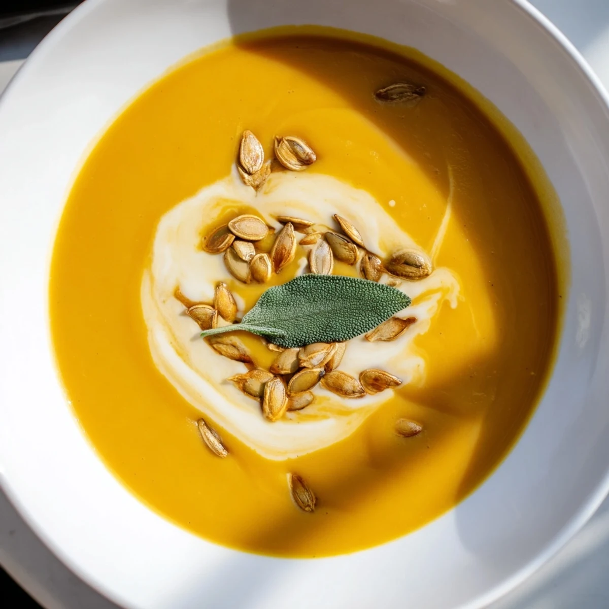 Creamy, golden Butternut Squash Soup in a bowl, garnished with roasted pumpkin seeds for serving.