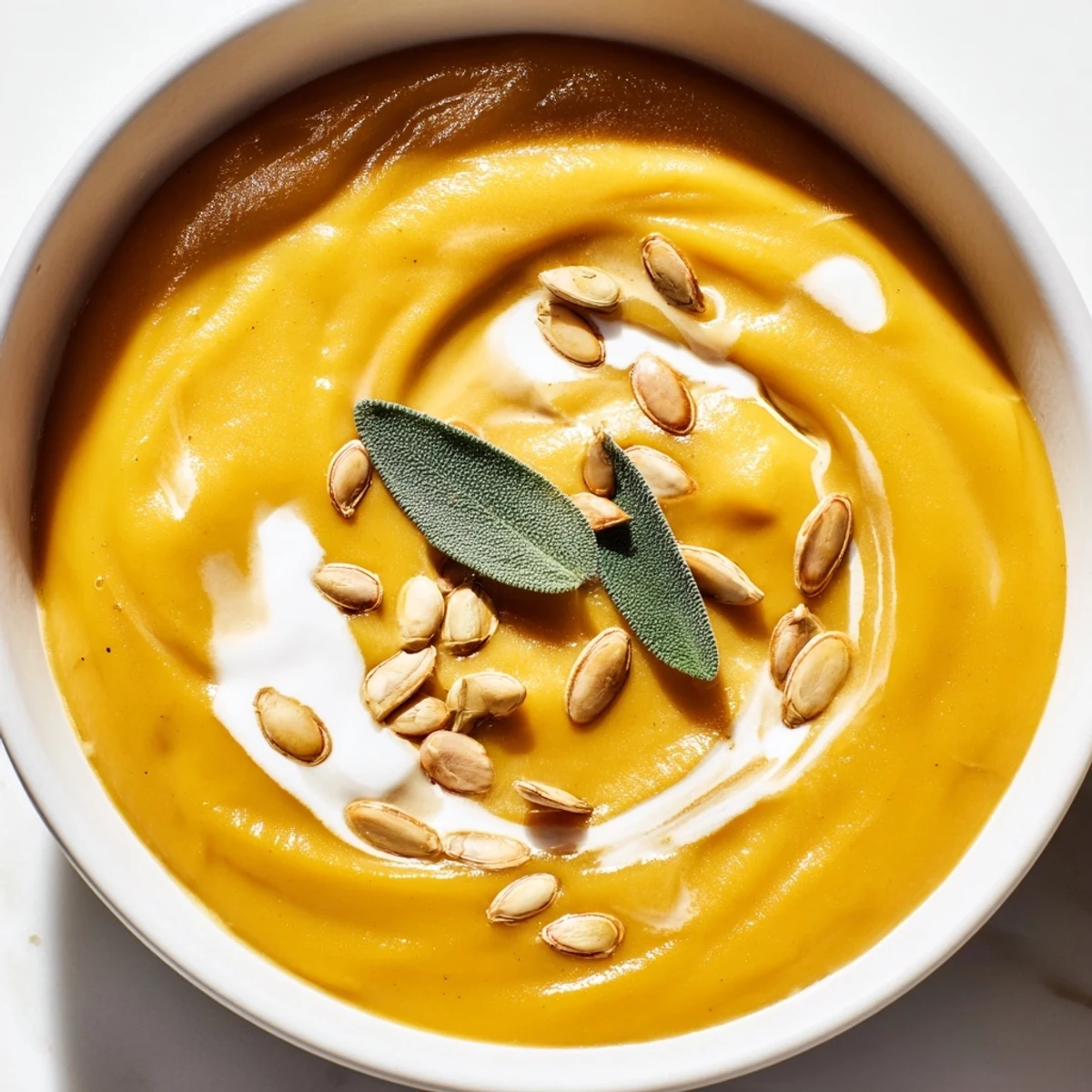 Beautifully smooth Butternut Squash Soup with a swirl of cream, ready to enjoy this autumn.