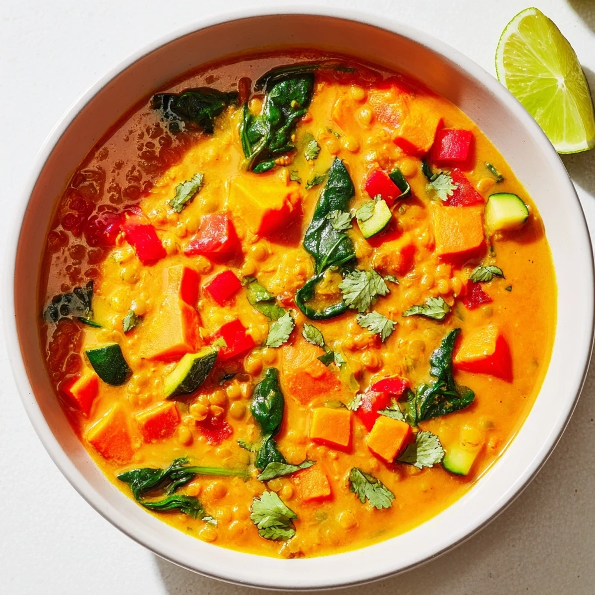 Steaming bowl of Lentil Red Curry Soup, garnished with cilantro, ready to enjoy this delightful meal.