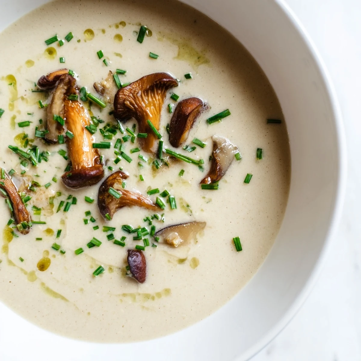 A close-up of creamy mushroom bisque, richly textured, garnished with fresh herbs, perfect starter.