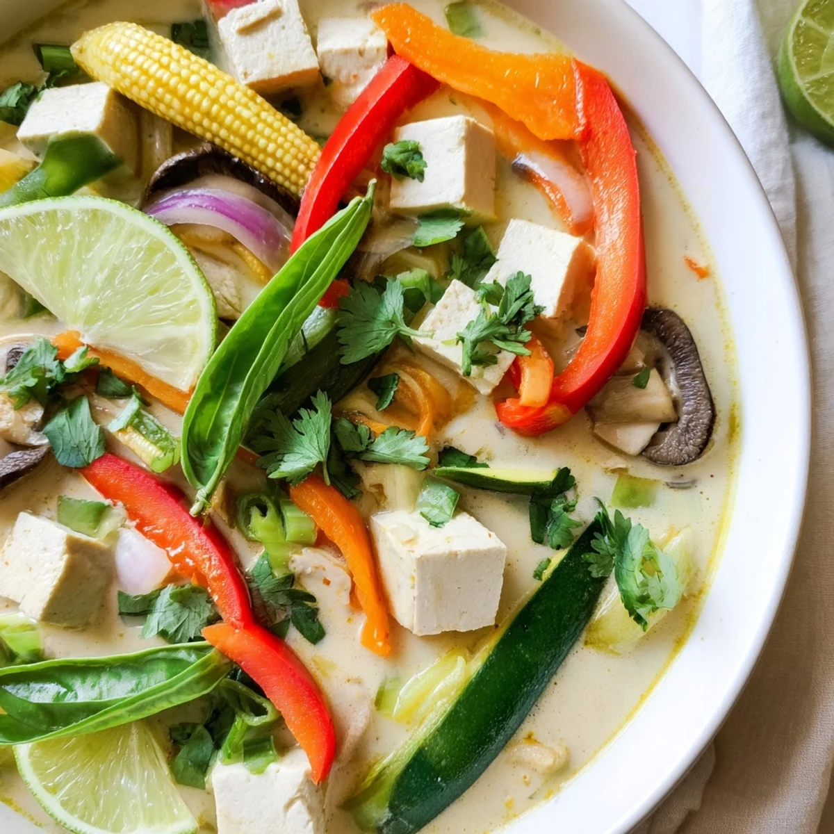 A steamy bowl of Thai Green Curry Coconut Soup, garnished with fresh herbs and lime wedges.
