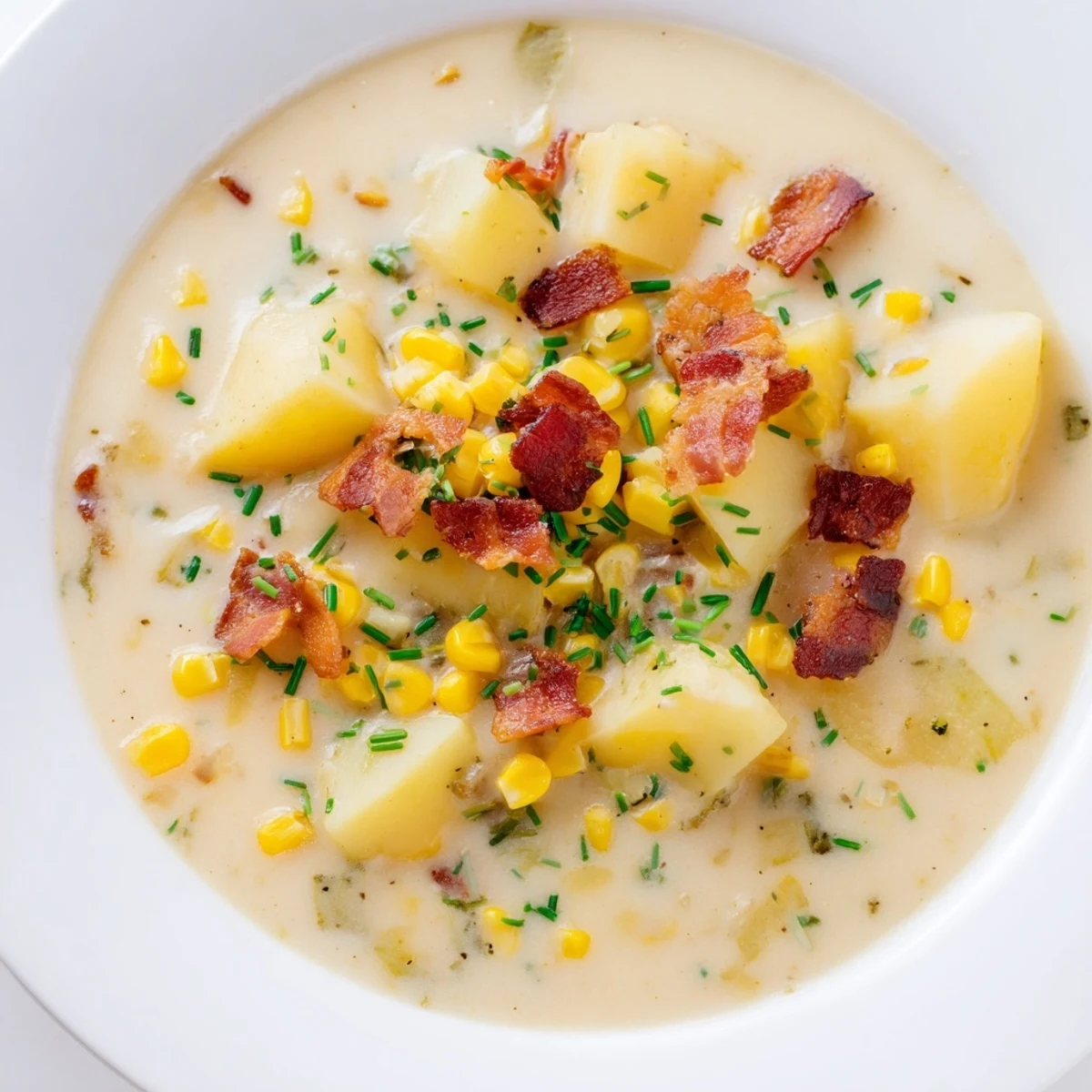 Close-up of a hearty corn chowder, with golden corn kernels and tender potatoes visible.