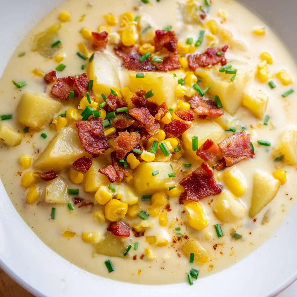 Steaming bowl of creamy corn chowder garnished with crumbled bacon, ready to savor.