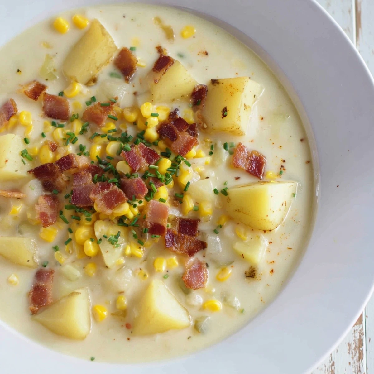 A comforting spoonful of corn chowder showing a rich, creamy texture and smoky bacon.