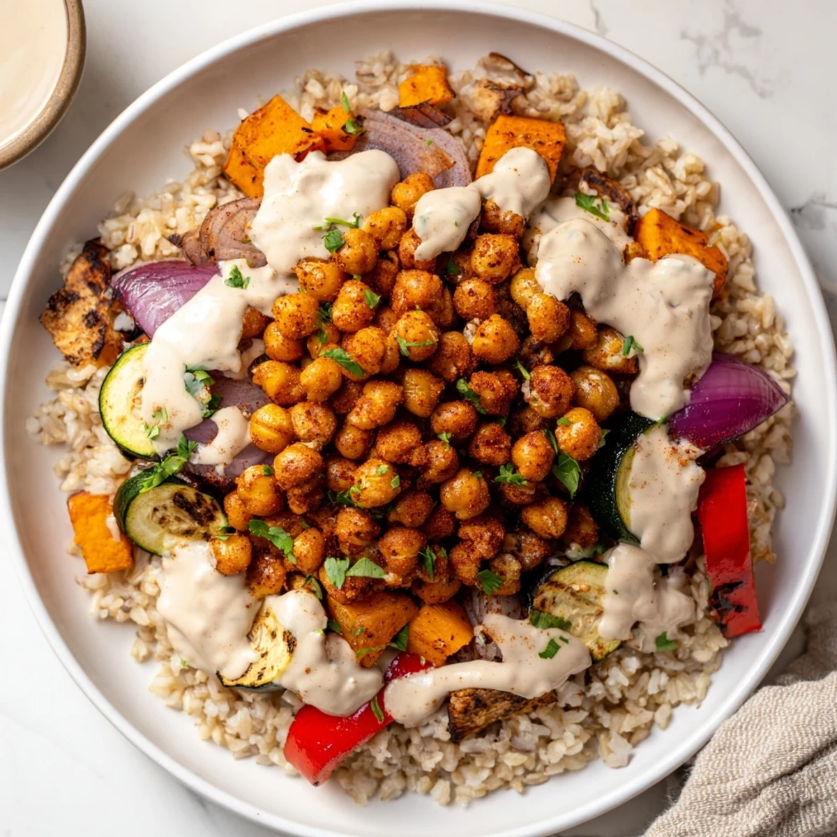 A colorful Roasted Chickpea Buddha Bowl with crispy chickpeas, tender veggies, and creamy tahini sauce.