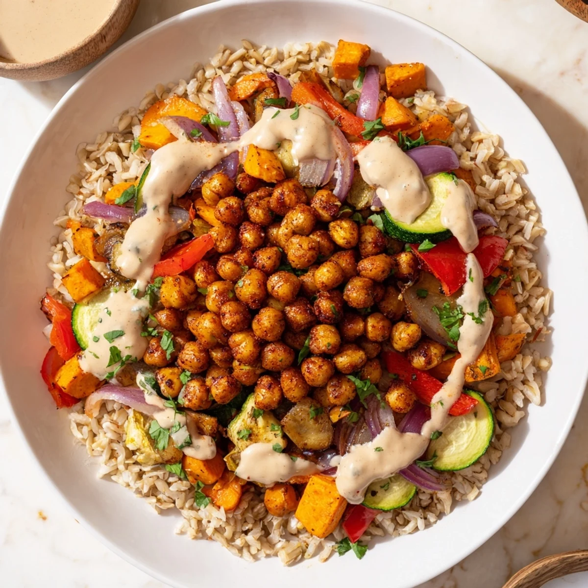 Enjoy a delicious Roasted Chickpea Buddha Bowl featuring fluffy rice, roasted vegetables, and flavorful tahini.