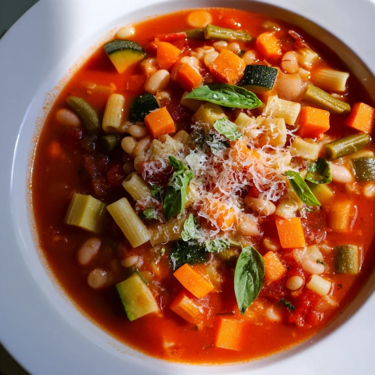 Steaming bowl of Tomato Basil Minestrone, a comforting Italian soup brimming with fresh vegetables.