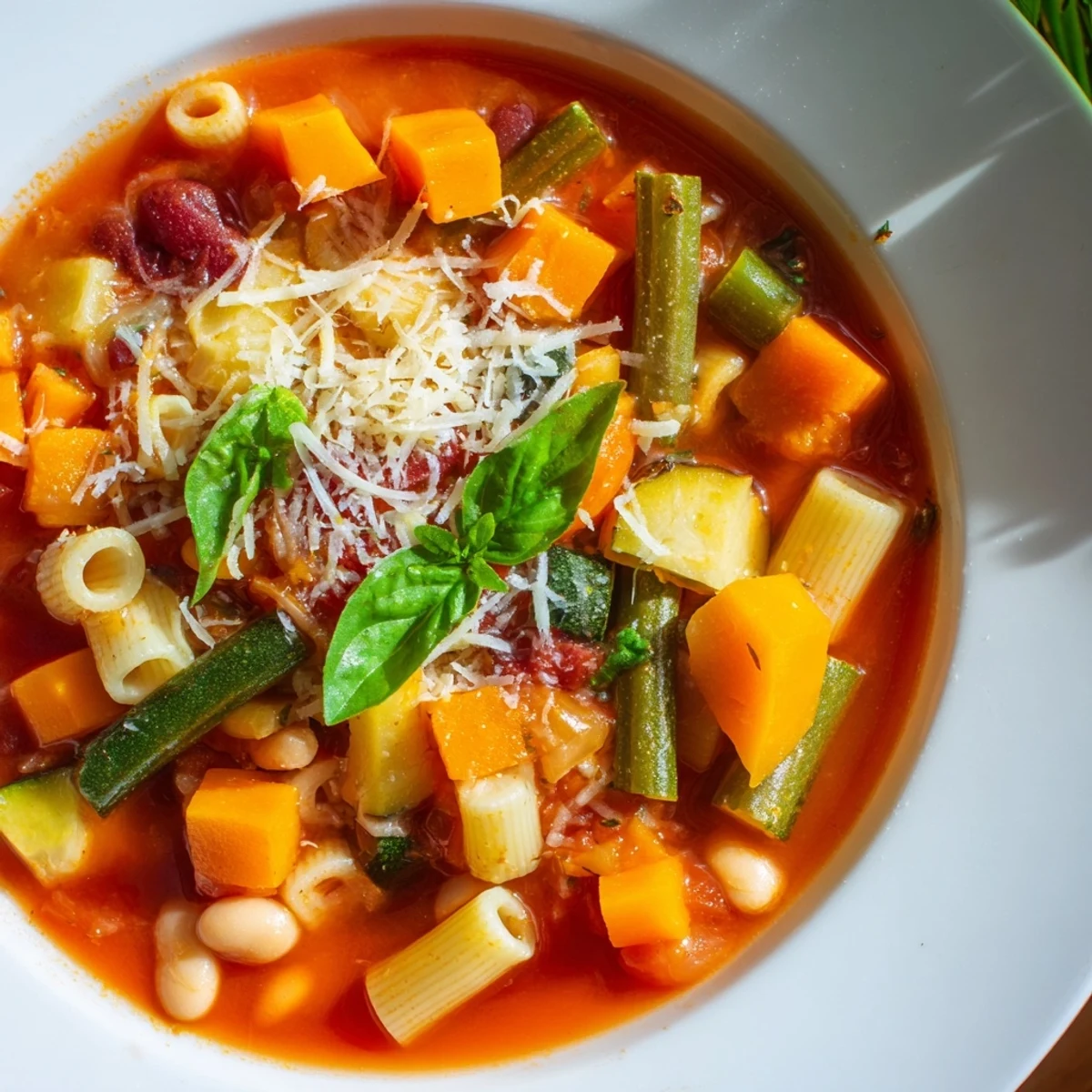 A close-up of Tomato Basil Minestrone: vibrant red broth with visible pasta and herbs.