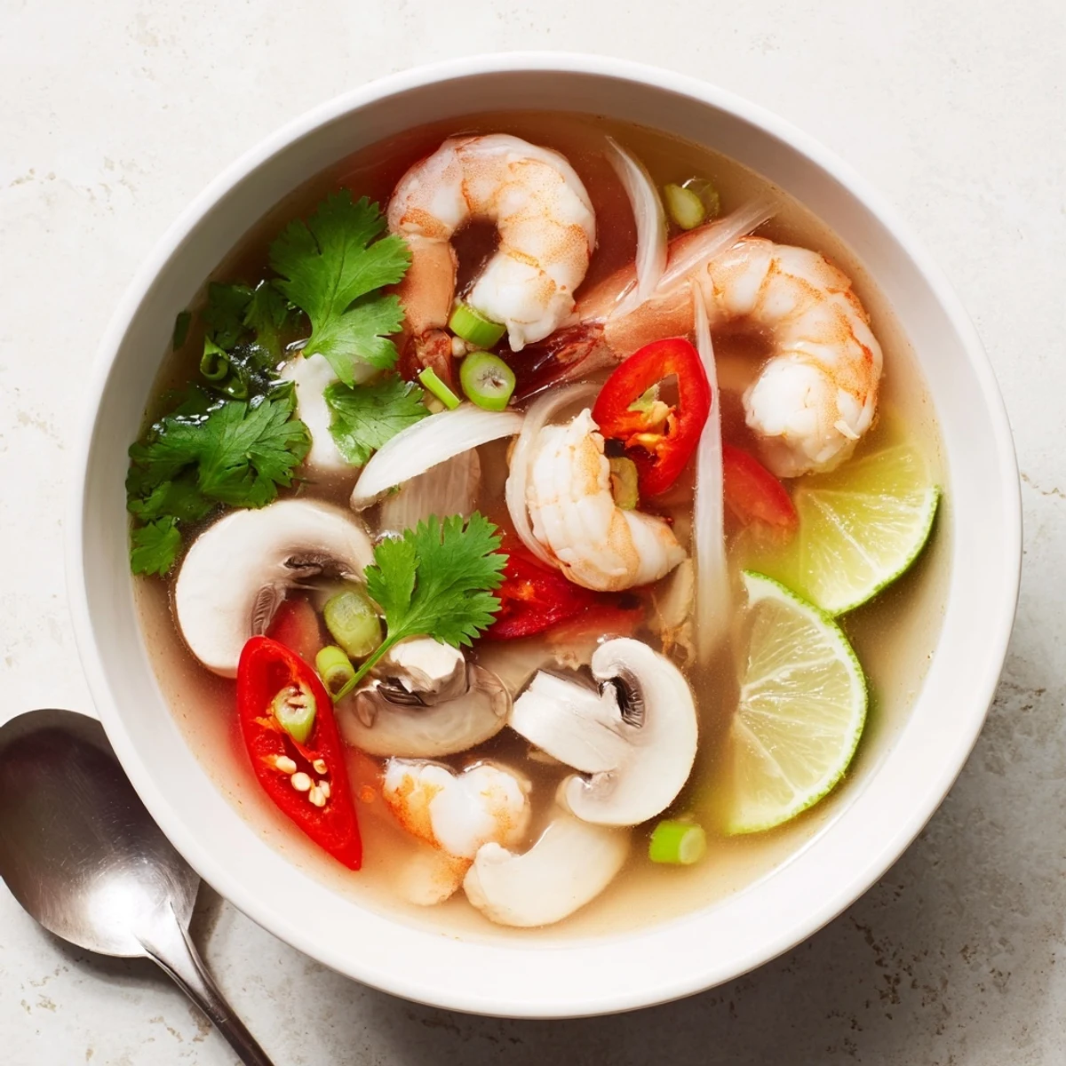 Steaming bowl of Spicy Tom Yum Soup, garnished with fresh cilantro and green onions, ready to serve.