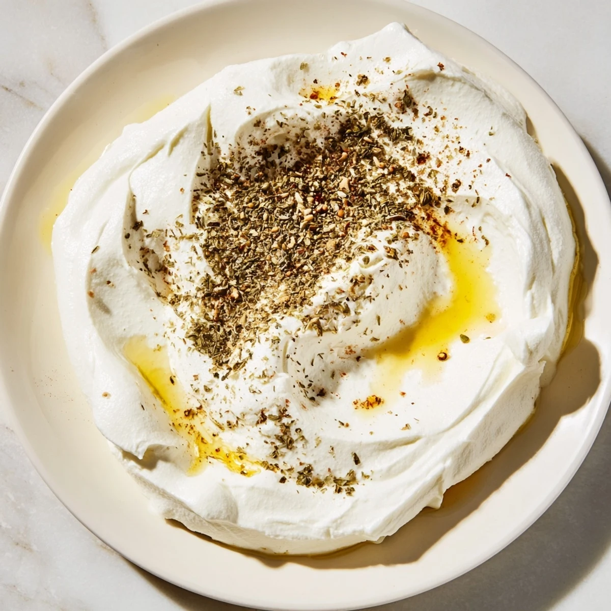 Creamy Levantine labneh cheese, drizzled with olive oil and sprinkled with herbs, ready to serve, a Middle Eastern appetizer.