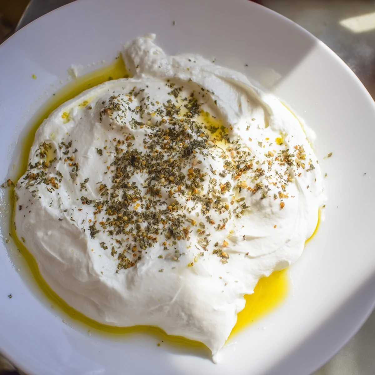 Thick, homemade Levantine labneh, beautifully textured and perfect for spreading on warm pita bread, a delicious dip.