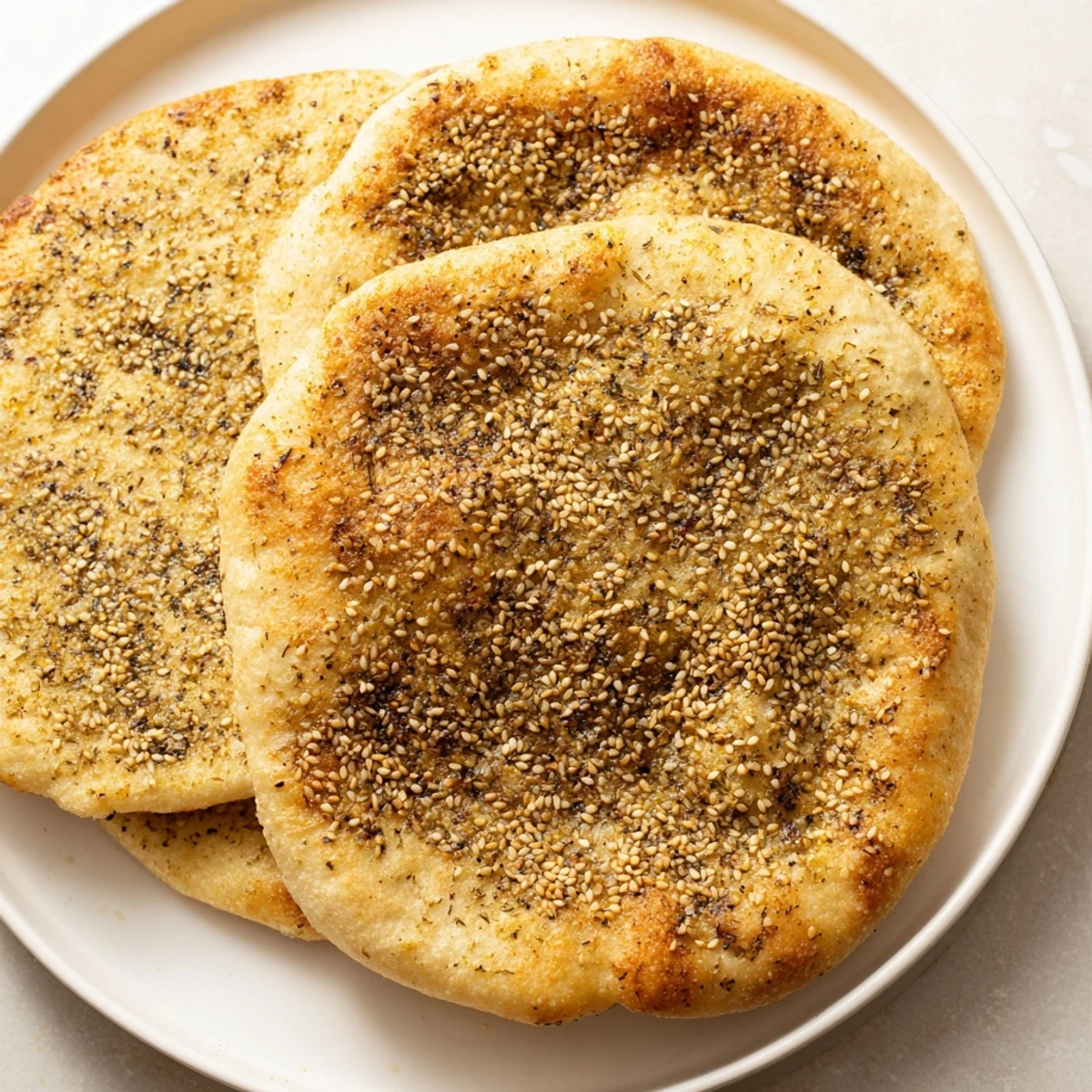 Golden, crispy Levantine Zaatar Bread topped with fragrant zaatar spice, ready to enjoy.