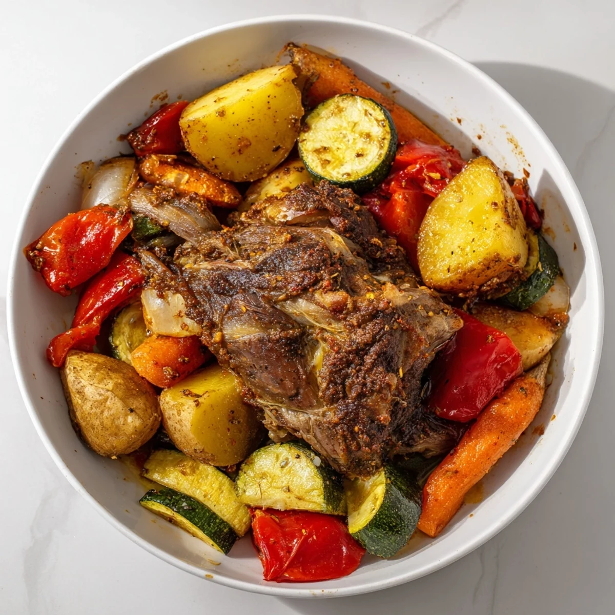 Close-up of a flavorful Jordanian Zarb, featuring slow-cooked lamb and colorful roasted vegetables, ready to eat.