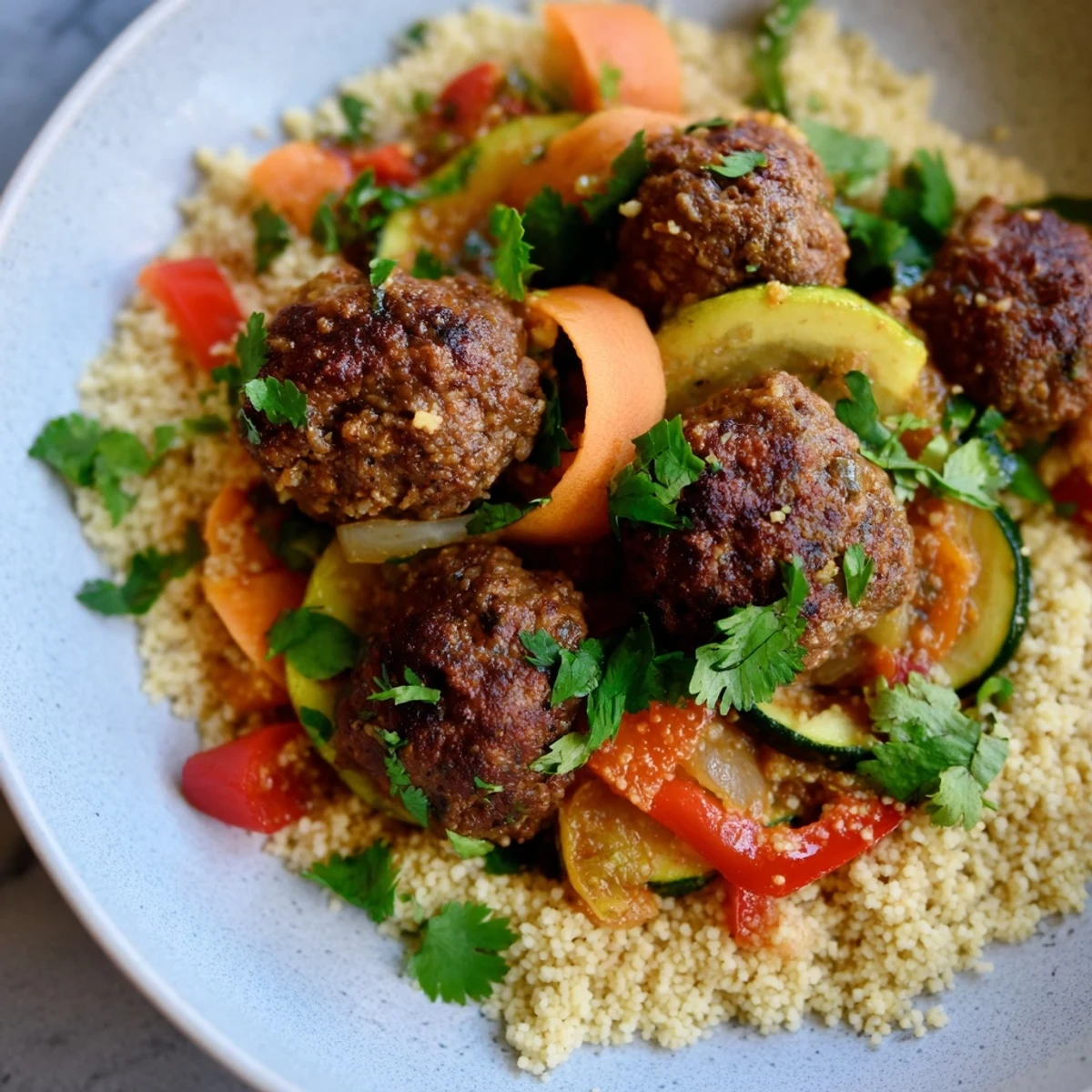 Fragrant North African Couscous Kefta, with tender meatballs in richly spiced vegetable sauce and fluffy couscous.