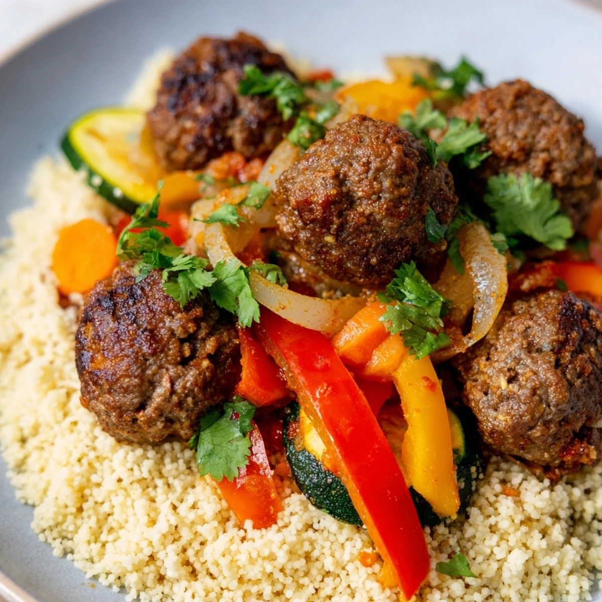 A close-up of a flavorful North African Couscous Kefta dish, showcasing vegetables and hearty meatballs.