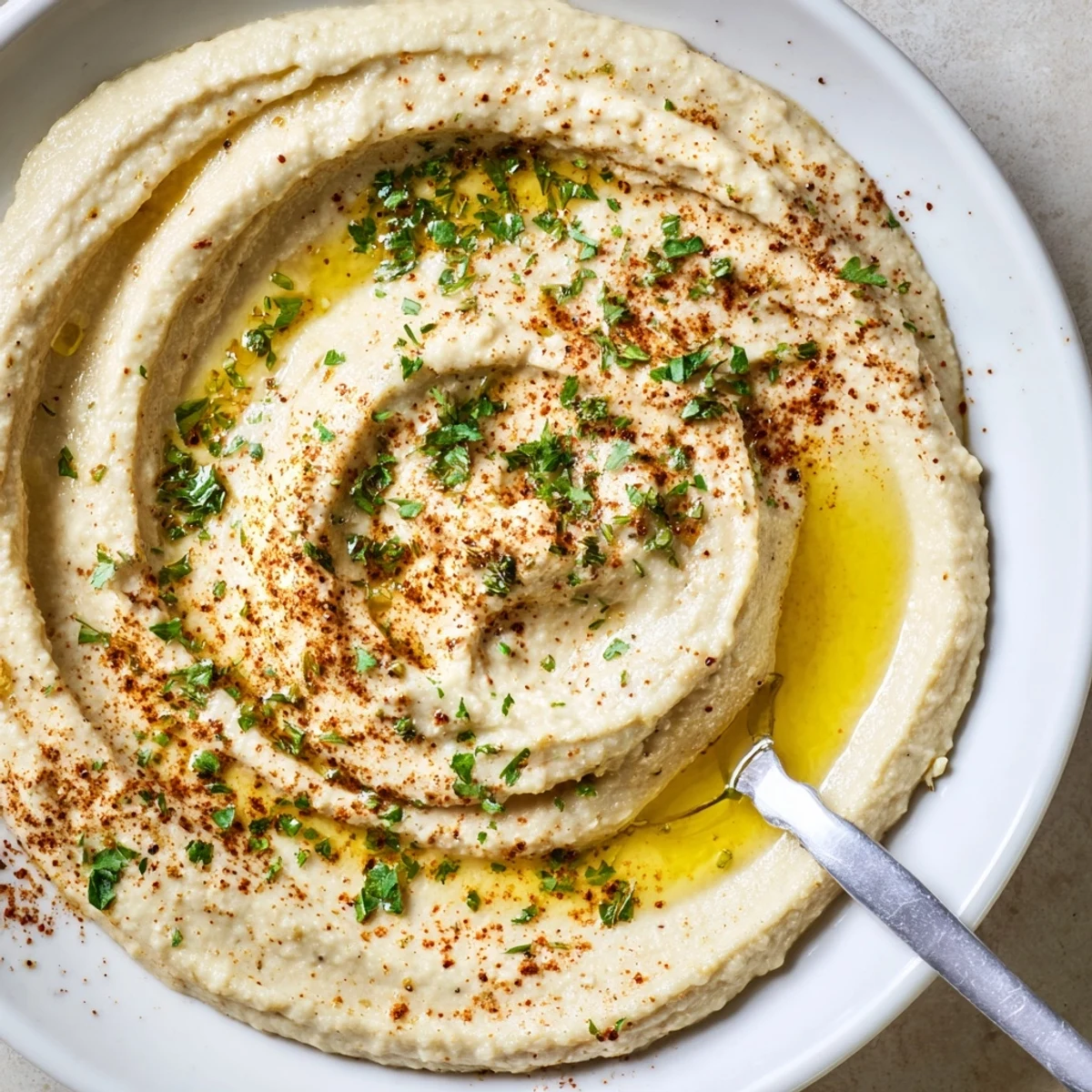 Creamy Levantine hummus plate drizzled with olive oil, paprika, and fresh parsley, a delicious Middle Eastern appetizer.