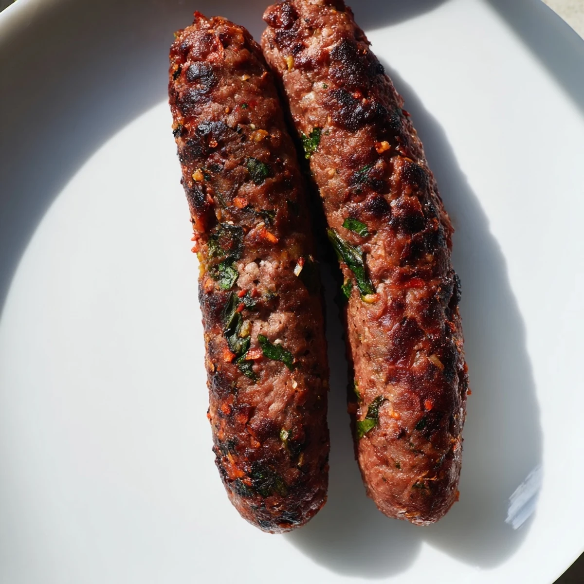 Deliciously browned, freshly grilled Tunisian Merguez sausage, ready to be served with couscous or bread.