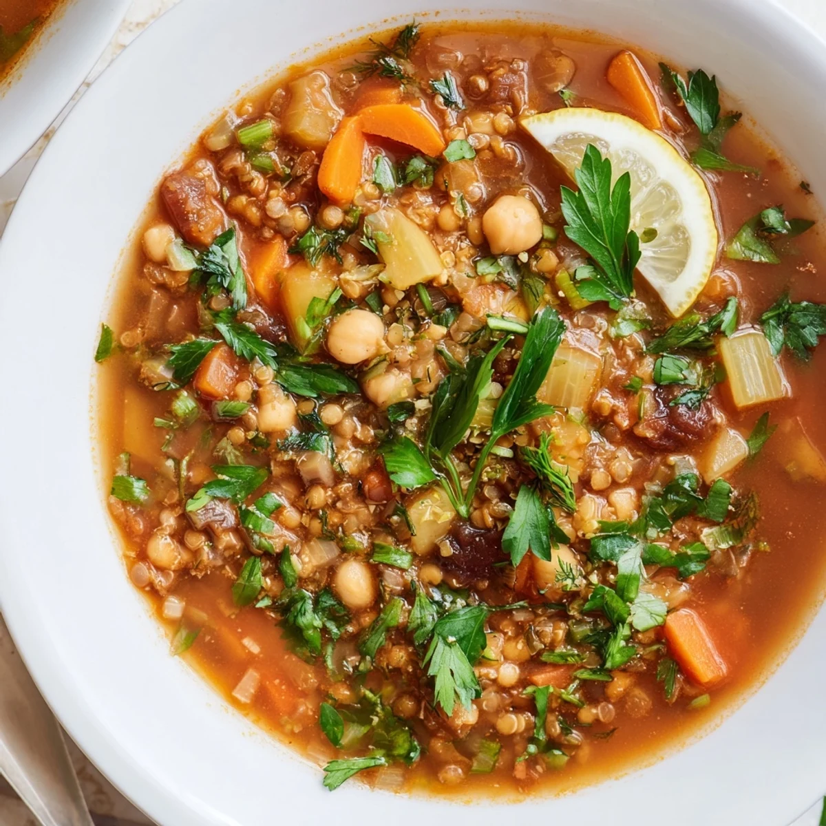 Steaming bowl of North African Harira soup with chunks of carrots and chickpeas, garnished with fresh herbs.