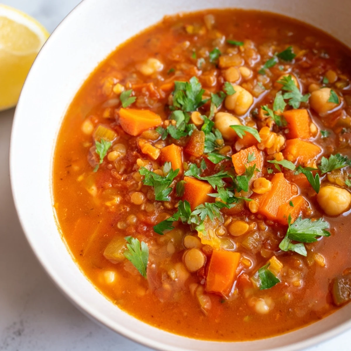 A close-up of the flavorful North African Harira soup, showing the depth of the tomato and spice base.