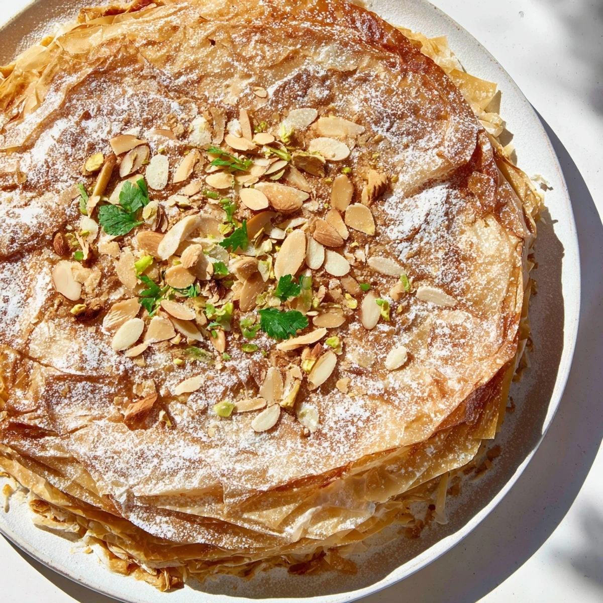 Golden-crusted Moroccan Pastilla Pie, a savory meat pie dusted with sweet powdered sugar and cinnamon.