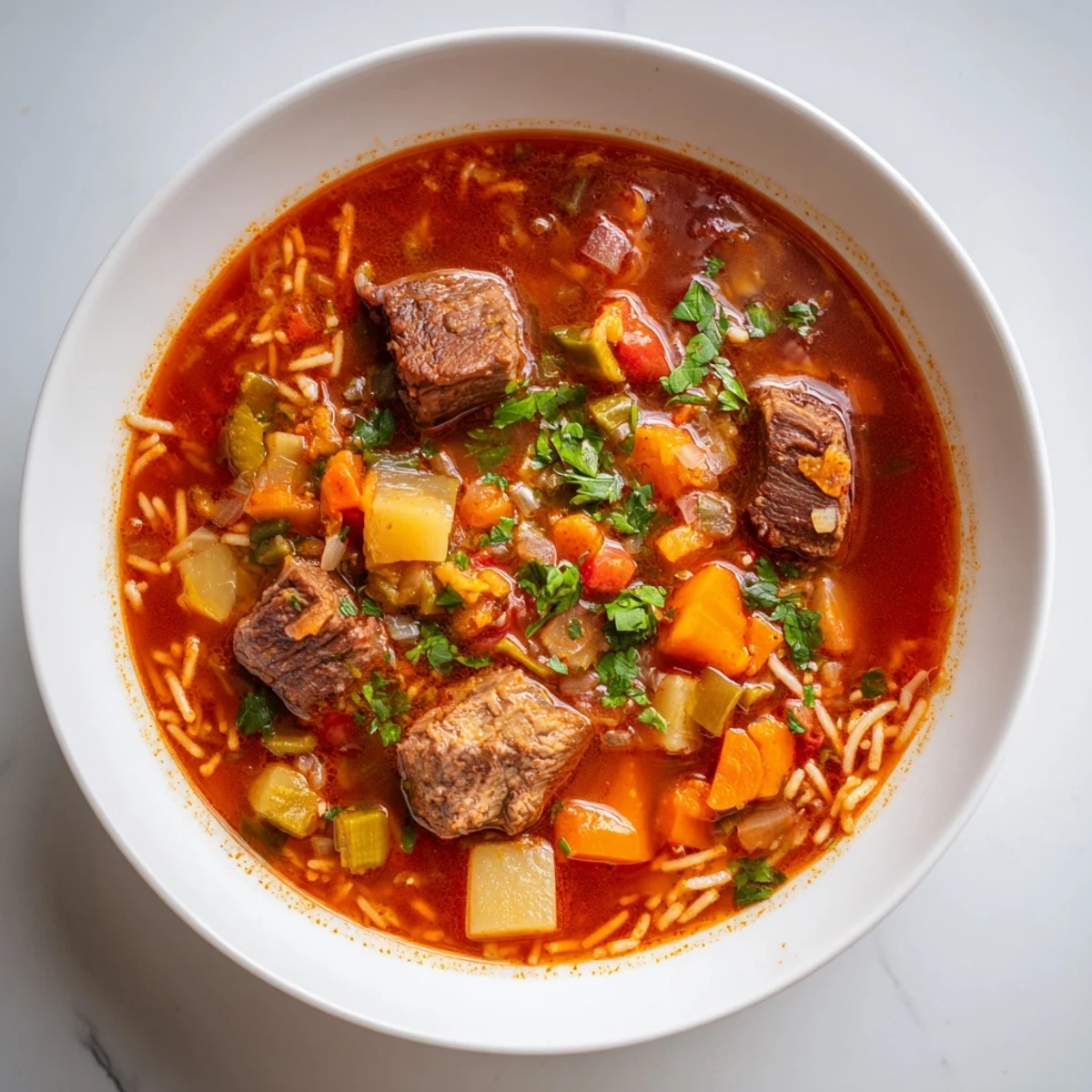 A steaming bowl of Algerian Chorba brimming with tender lamb and fresh herbs, ready to enjoy.