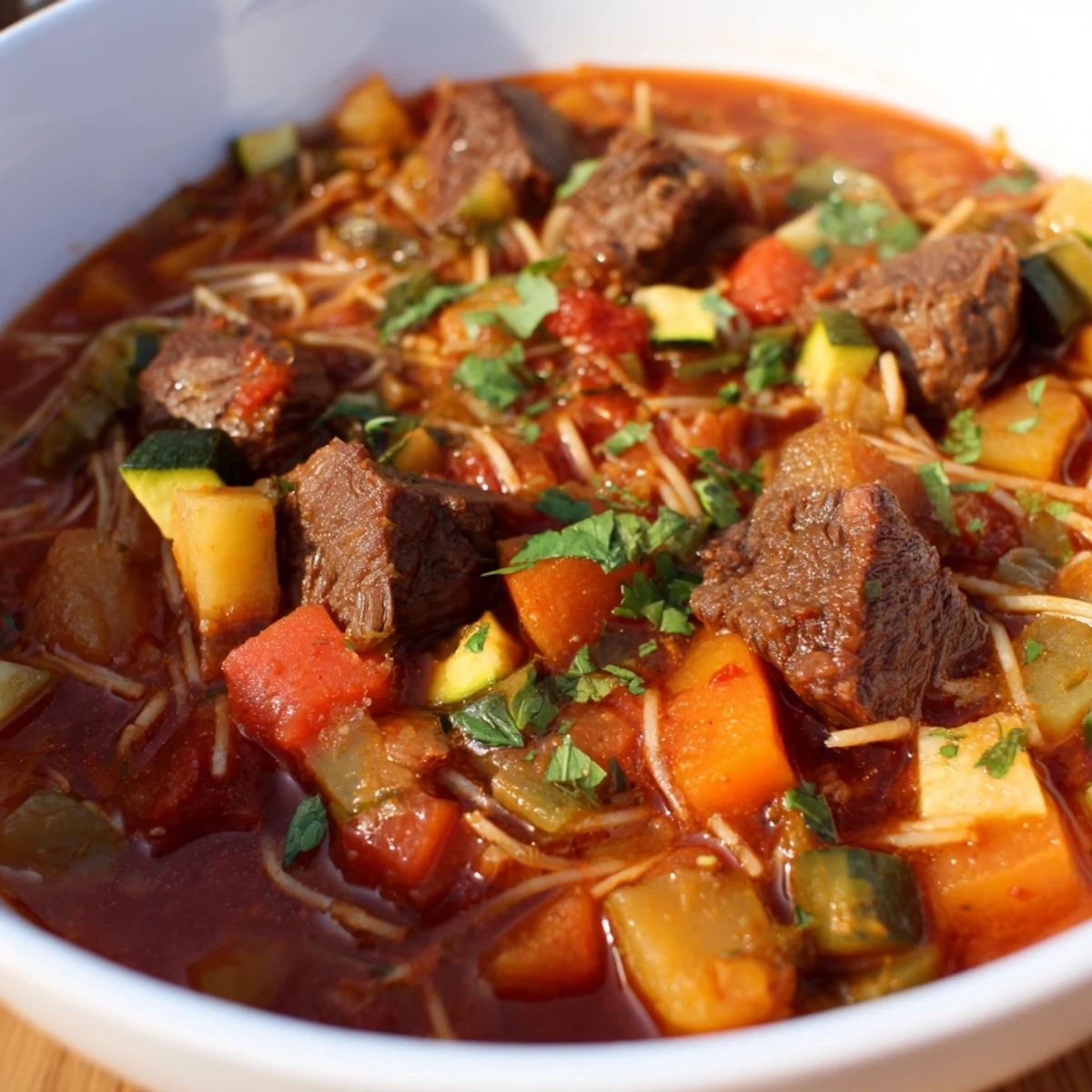 Fragrant Algerian Chorba: a close-up shows chunky vegetables and generous pieces of lamb in the broth.