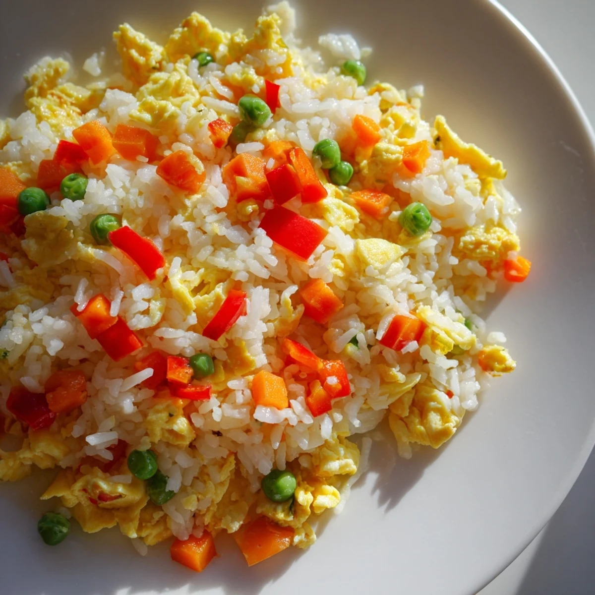 Steamed white rice, fluffy scrambled eggs, and colorful diced vegetables tossed in a savory soy sauce glaze.