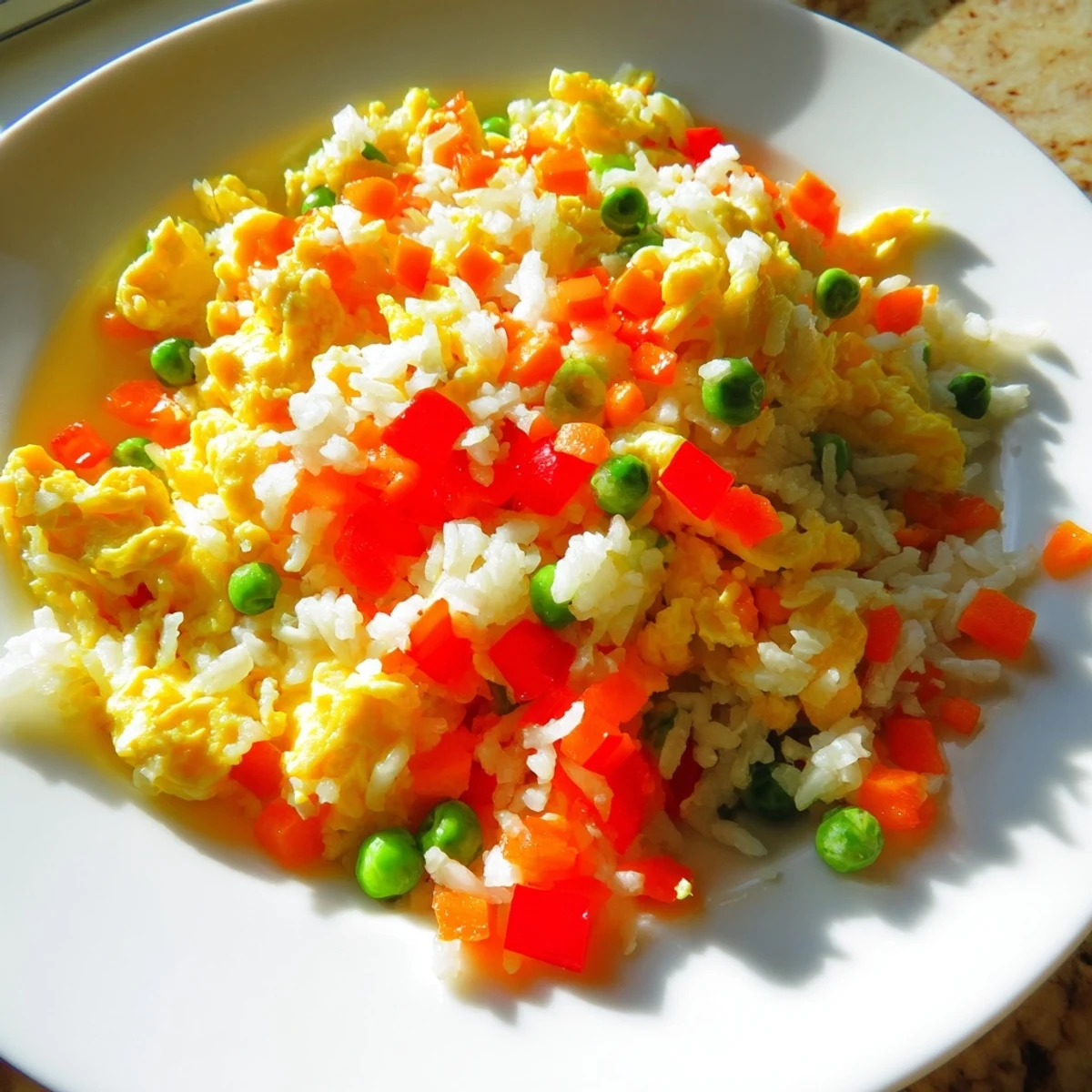 A close-up view of classic egg fried rice in a skillet, garnished with fresh scallions and sesame seeds.