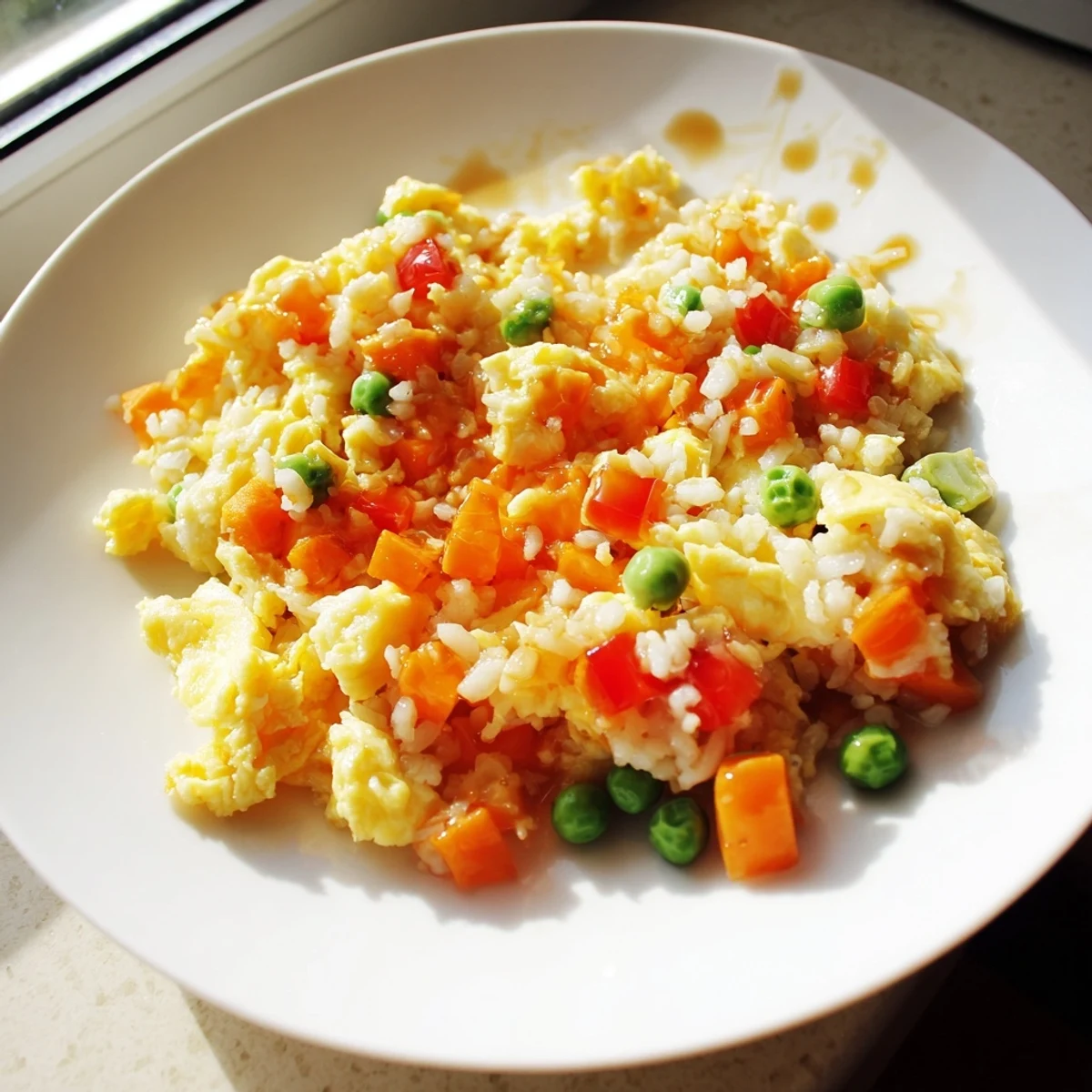 Vibrant bowl of egg fried rice featuring golden scrambled eggs, peas, carrots, and a hint of sesame oil.
