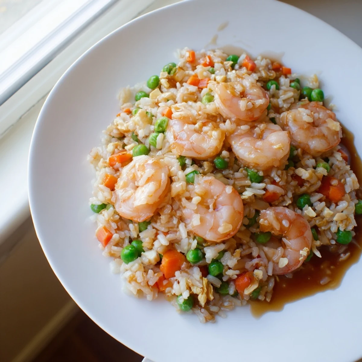 Tender shrimp stir-fried with aromatic garlic and soy sauce in fluffy jasmine rice, served with crisp spring onions and lime wedges.  