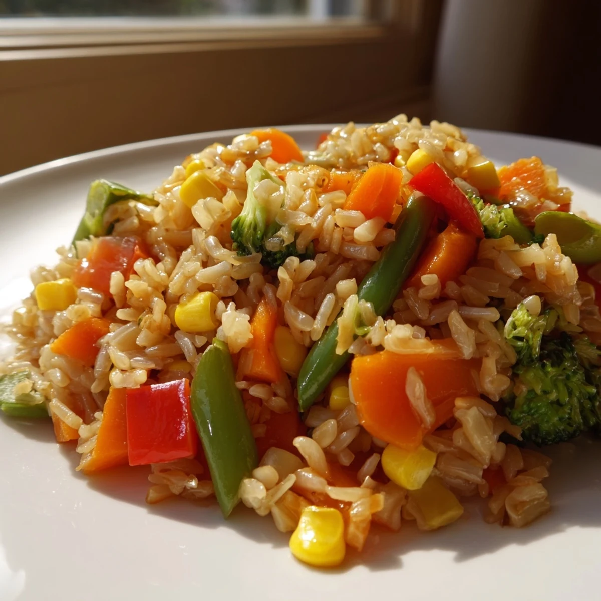 A vibrant plate of Vegetable Fried Rice, featuring colorful carrots, bell peppers, and peas glistening with sesame oil.