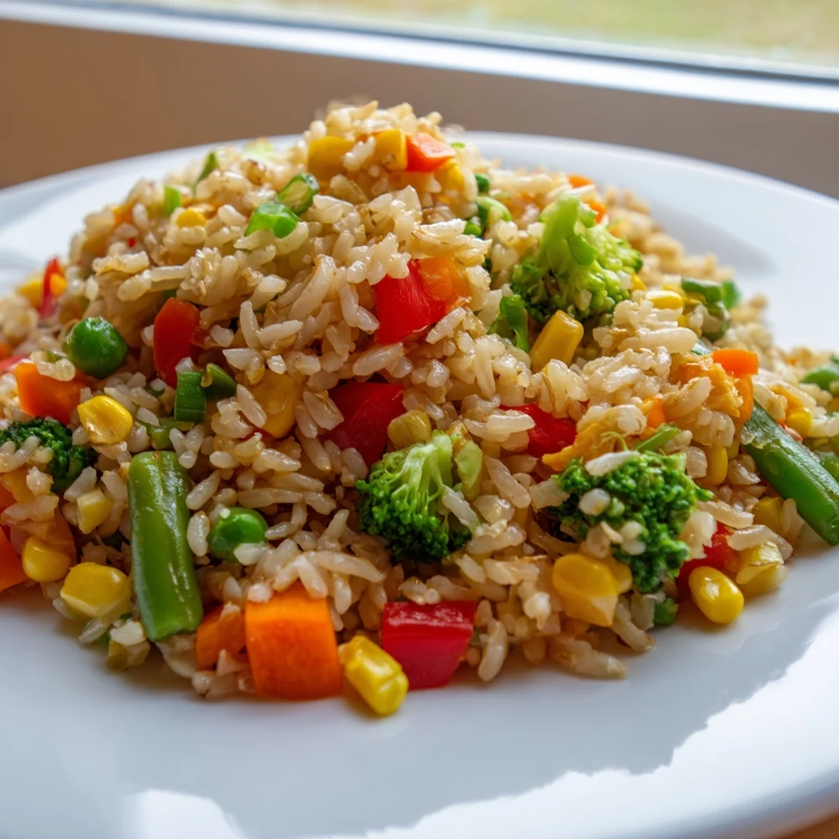 Homemade Vegetable Fried Rice served hot in a bowl, garnished with green onions and sesame seeds for a tasty main dish.