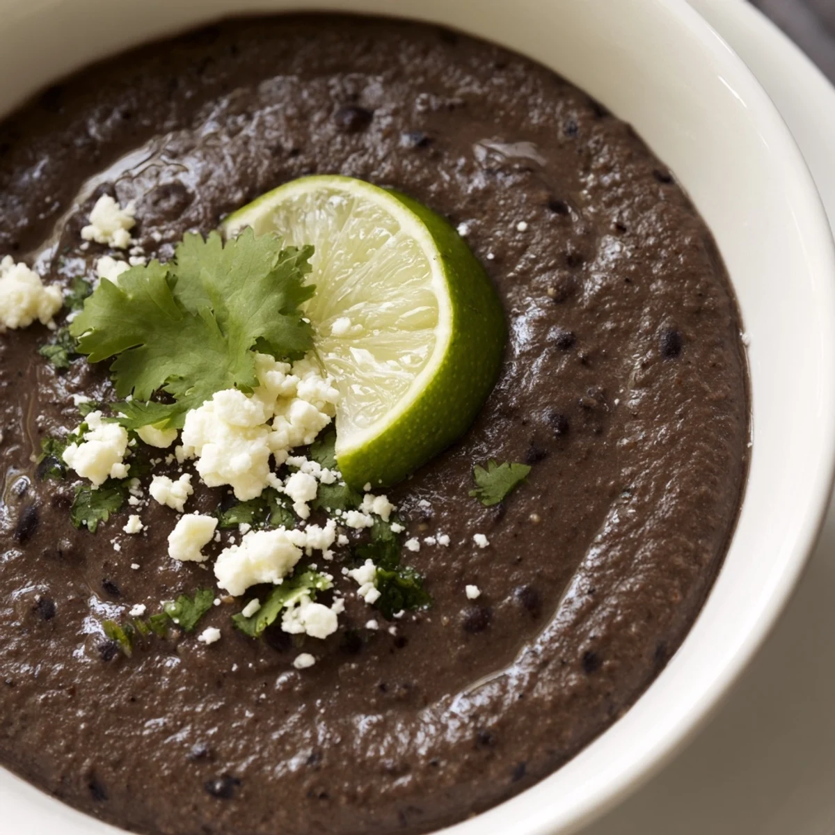 A bowl of creamy Spicy Black Bean Dip, garnished with fresh cilantro and lime wedges, ready for tortilla chip dipping.  