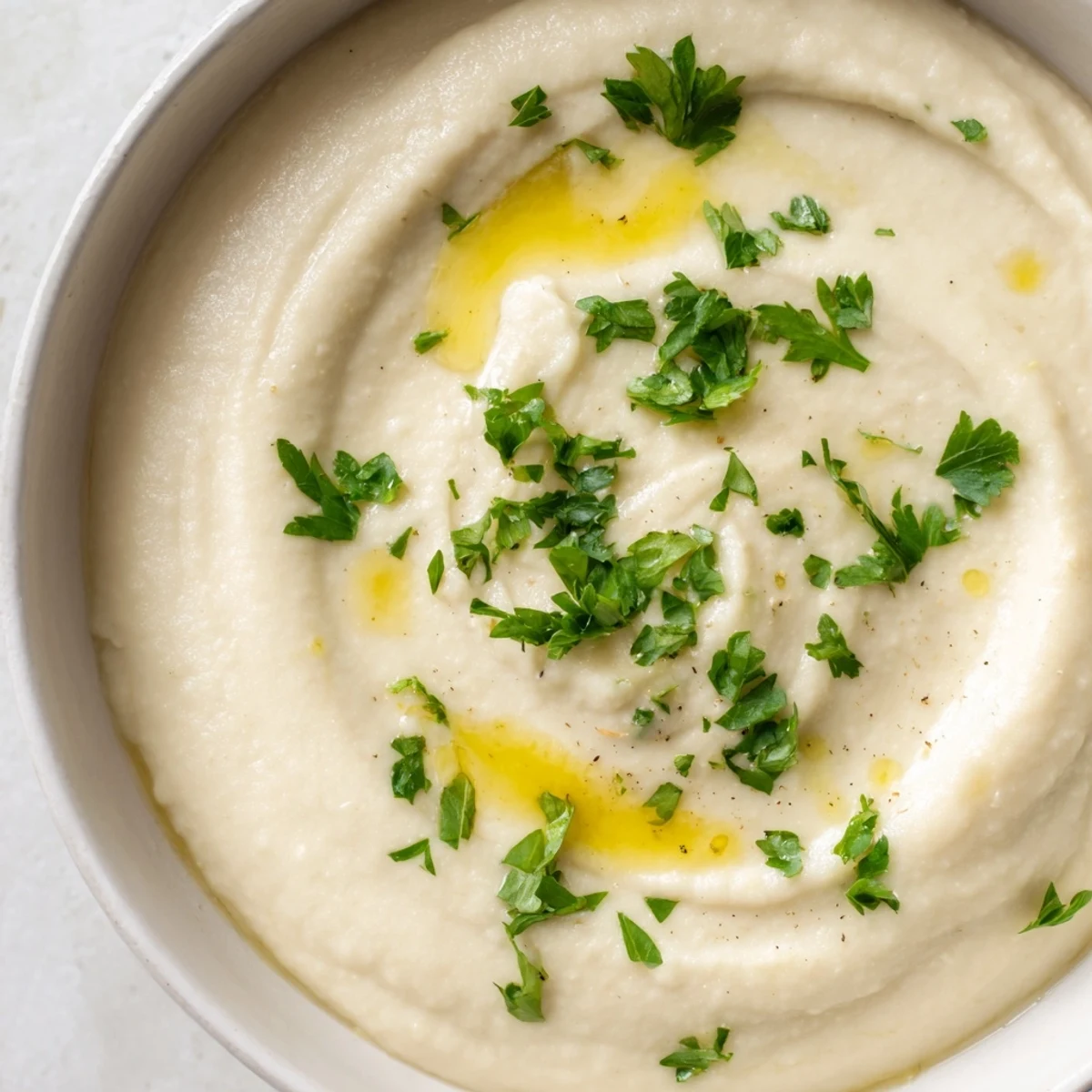 Creamy white bean dip in a rustic bowl, drizzled with olive oil and garnished with fresh parsley, served with warm pita.