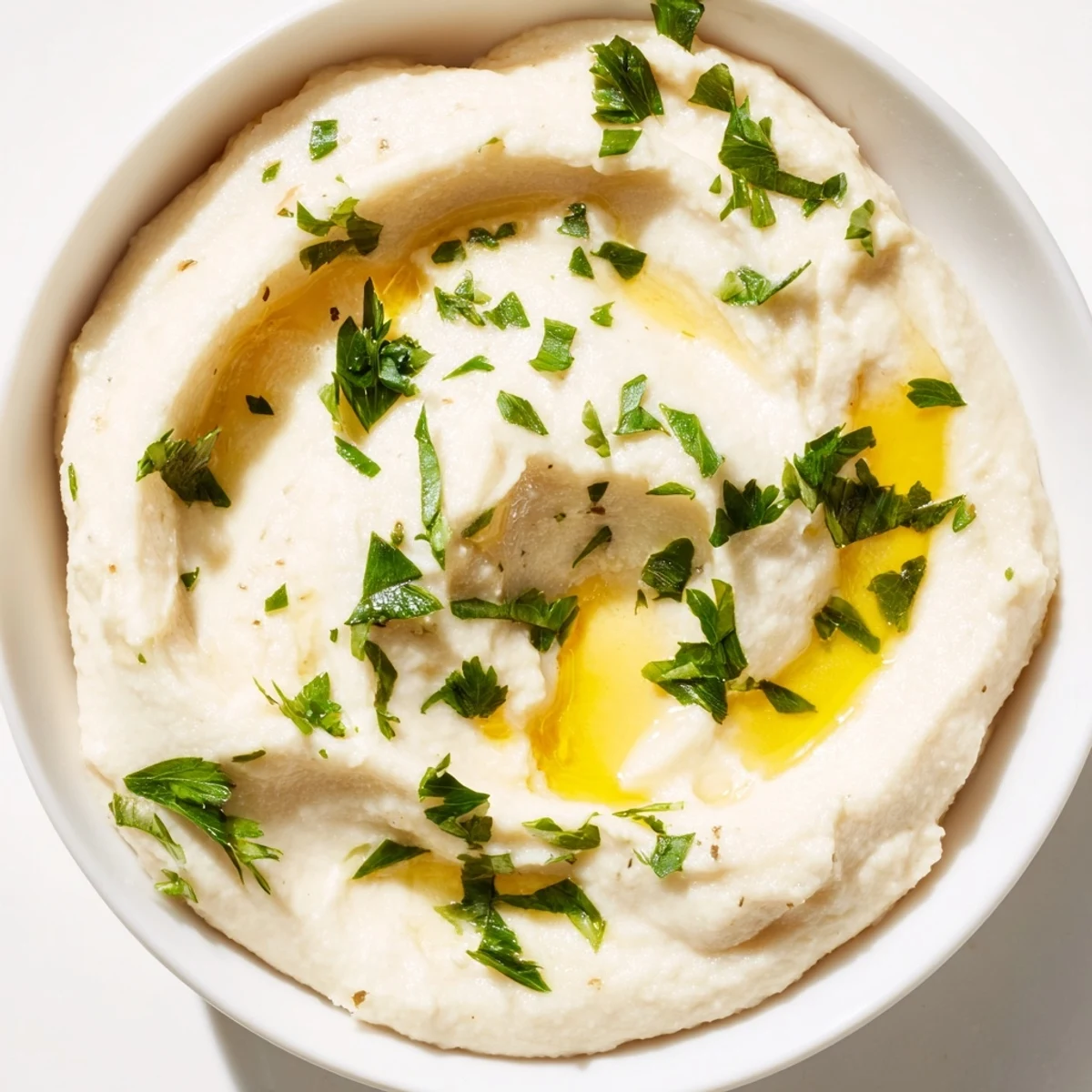 Smooth white bean dip in a white bowl, garnished with chopped chives and lemon zest, surrounded by colorful vegetable crudités.