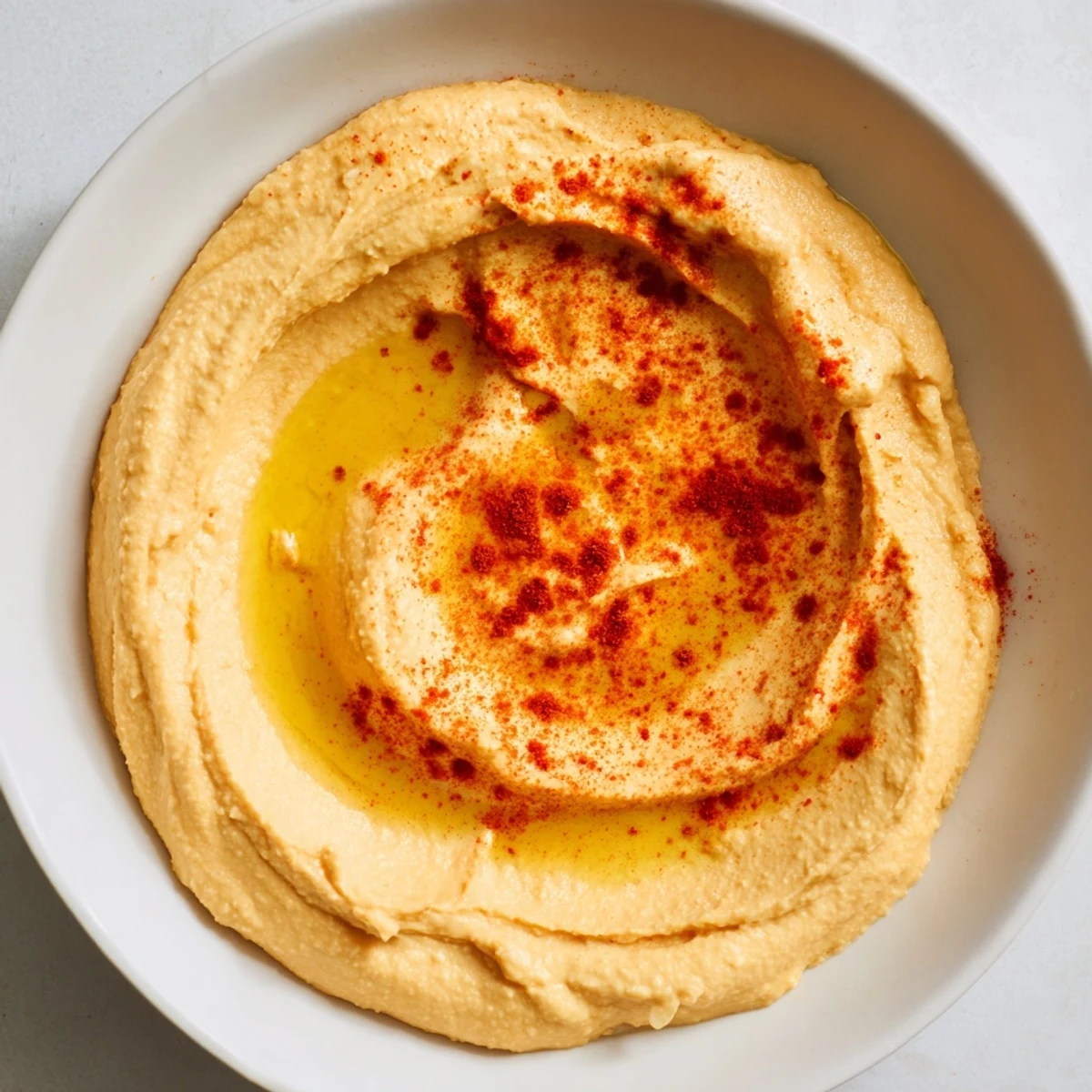 Bright orange and creamy, this Roasted Red Pepper Hummus is garnished with parsley and drizzled with olive oil, ready for a colorful mezze platter.