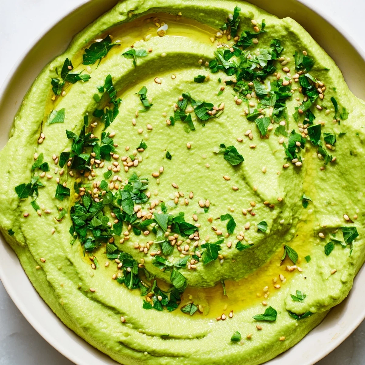 Creamy edamame hummus served in a rustic bowl, drizzled with golden olive oil and sprinkled with toasted sesame seeds and fresh parsley.  