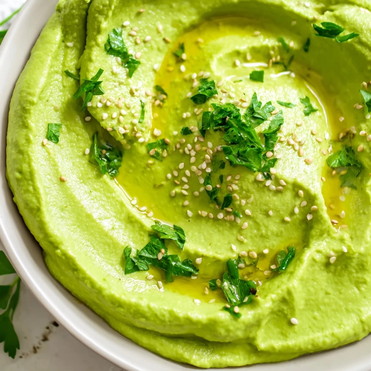 A generous scoop of homemade edamame hummus on a whole-grain cracker, topped with a fresh parsley leaf for garnish.