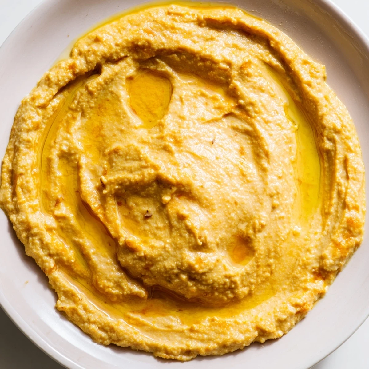A vibrant swirl of Chickpea Curry Paste drizzled with olive oil, sprinkled with curry powder in a small ramekin.