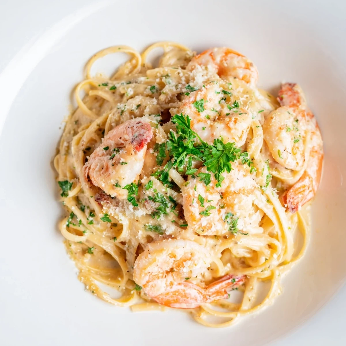 Creamy Garlic Shrimp Pasta with succulent shrimp coated in a rich parmesan cream sauce over linguine.