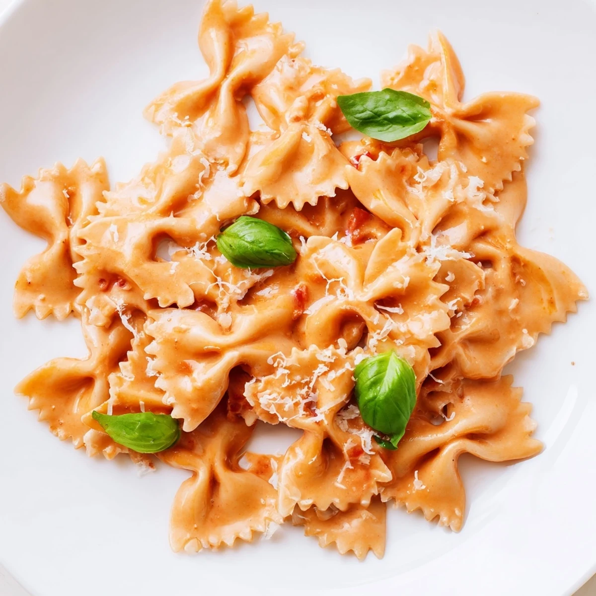 Fluffy bowtie pasta coated in a vibrant, creamy tomato basil sauce, garnished with fresh basil and grated Parmesan, ready for a comforting weeknight dinner.  