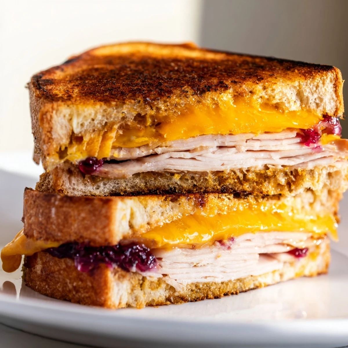 Golden toasted sourdough sandwiches filled with melted sharp cheddar, smoked turkey, and tangy cranberry spread.