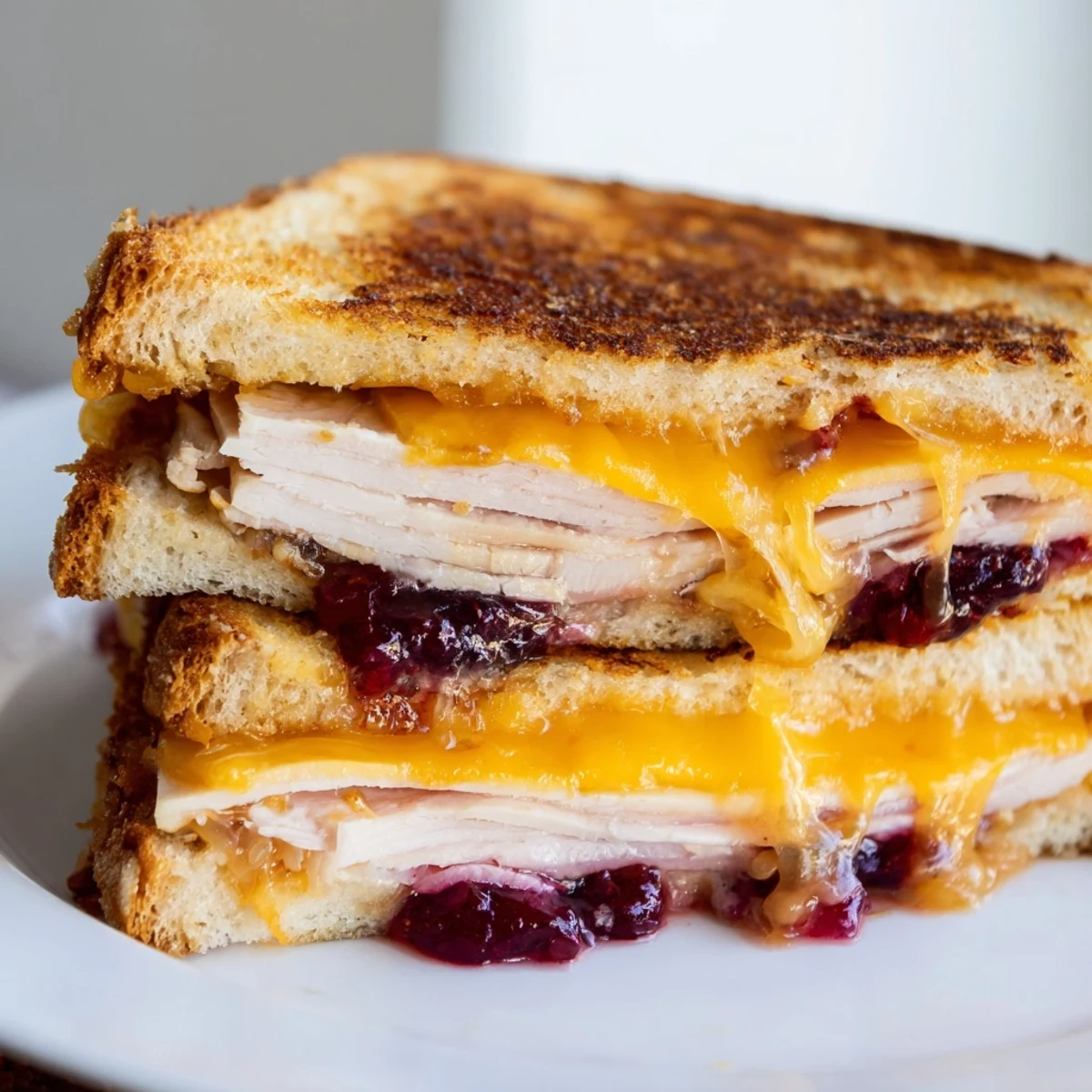 Close-up of a skillet-ready Smoked Turkey Grilled Cheese, featuring smoky turkey and cheddar on buttery bread.