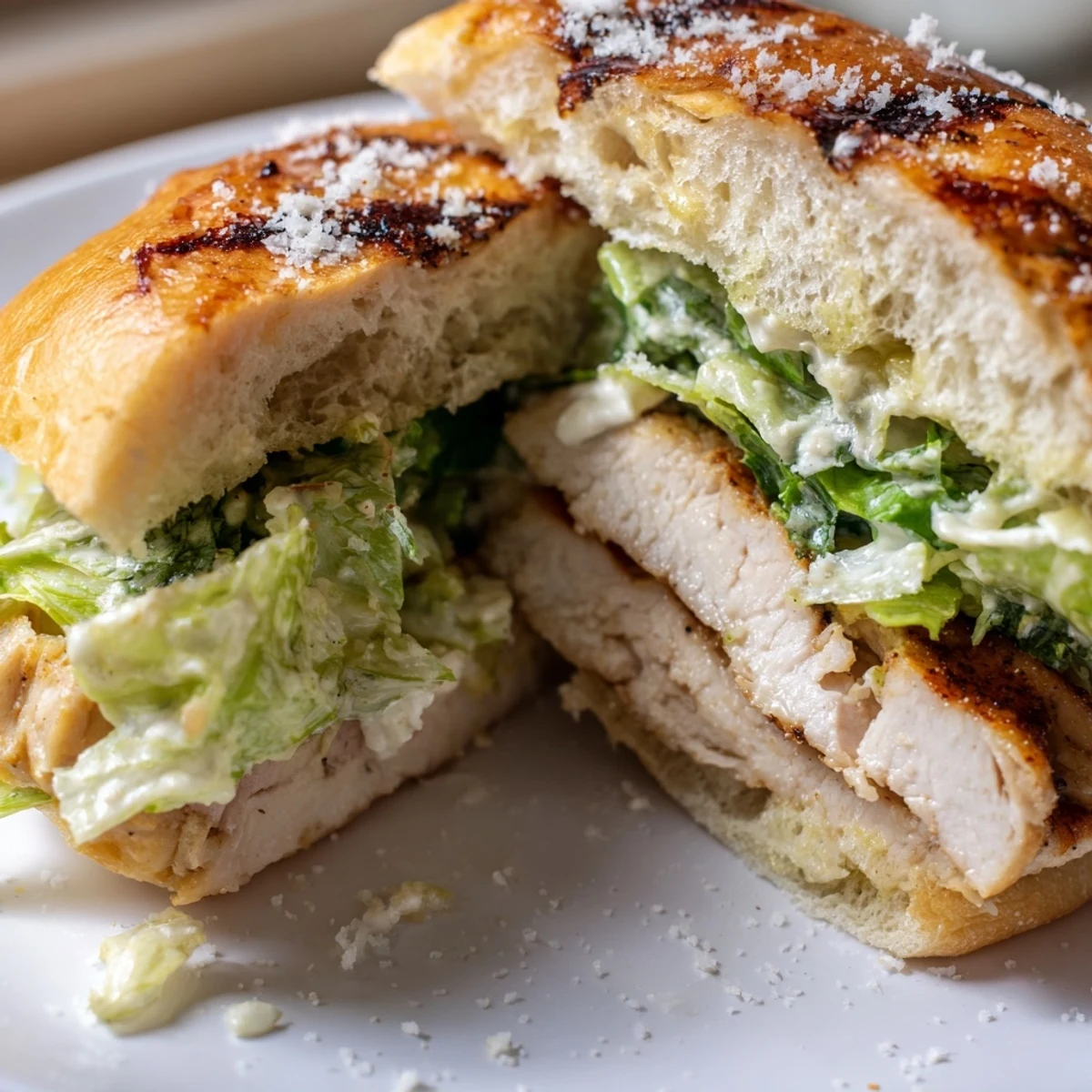 Golden-brown grilled chicken stacked on a toasted bun, layered with crisp romaine lettuce and creamy Caesar dressing.  