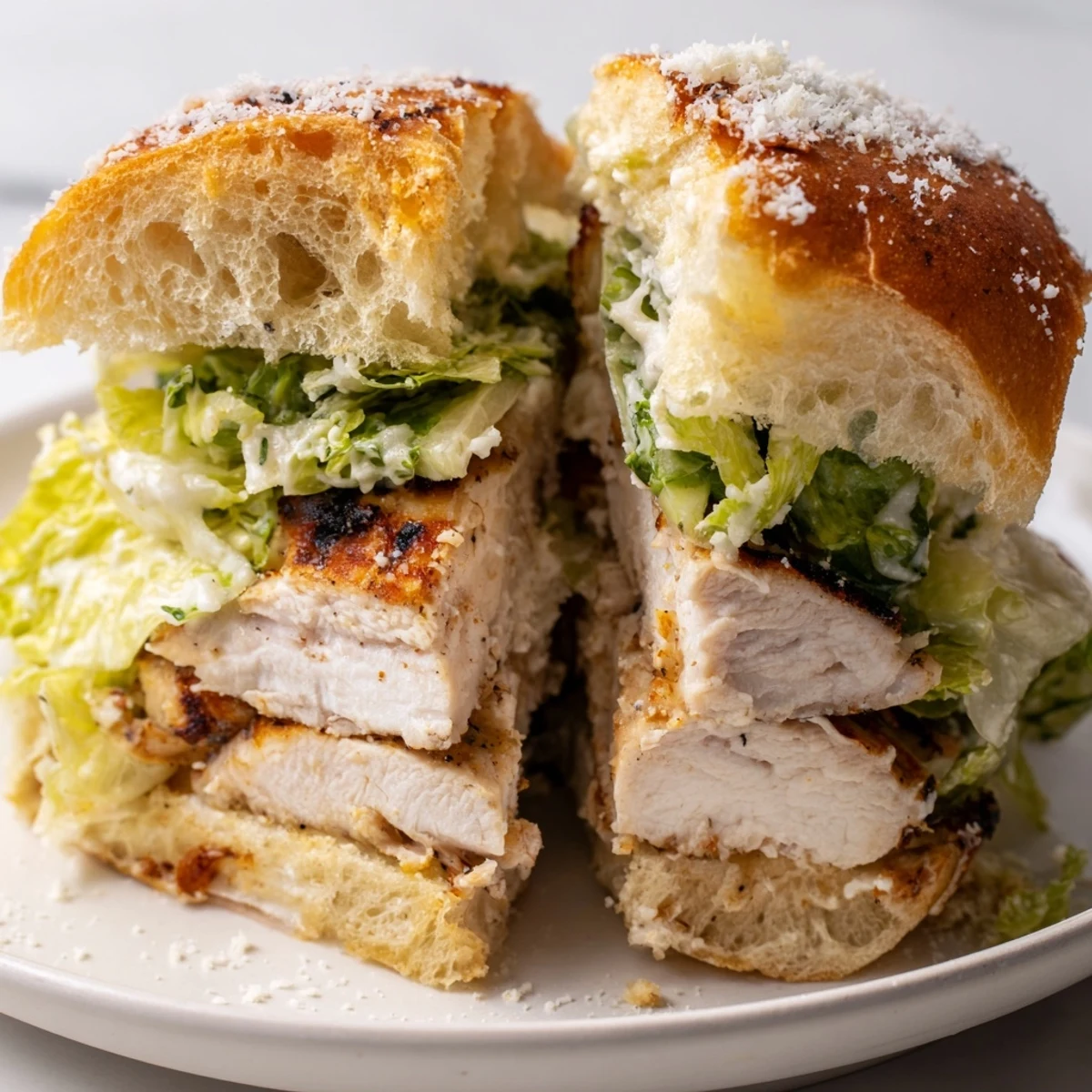 A close-up view of the Caesar Chicken Sandwich with juicy grilled chicken and creamy dressing dripping onto the plate.