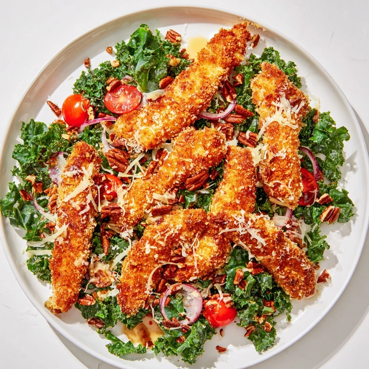 Golden, crispy chicken strips glisten atop a bed of fresh, chopped kale and halved cherry tomatoes in this Crispy Chicken Kale Salad.  