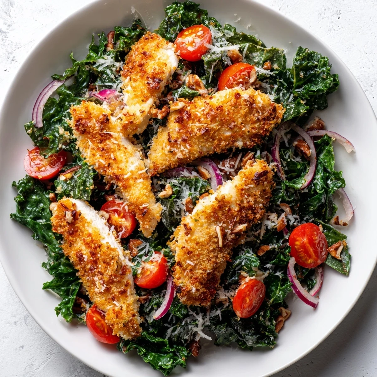 A close-up of the Crispy Chicken Kale Salad shows crispy chicken, toasted pecans, and Parmesan shavings nestled among fresh kale leaves.